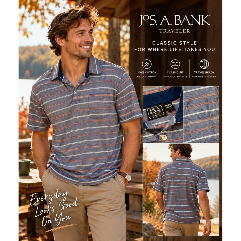 Jos. A. Bank Traveler Men's L Blue Orange Striped Short Sleeve Casual Polo Shirt